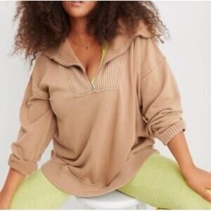 Aerie Oversized Quarter Zip Ribbed Tan Sweatshirt Women's Size S